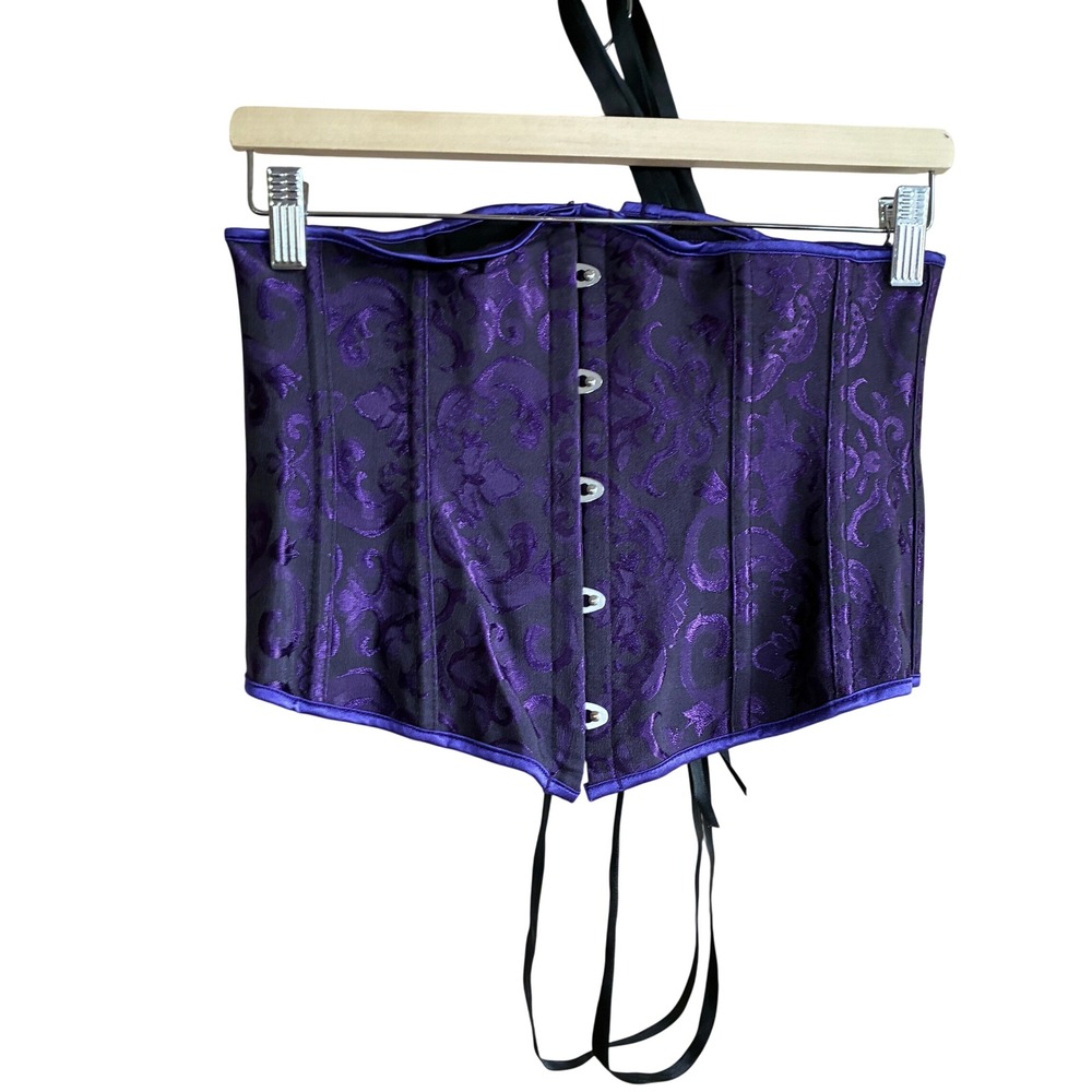 Brocade Damask Lace Up Corset Top Large Purple Women Structured Boned